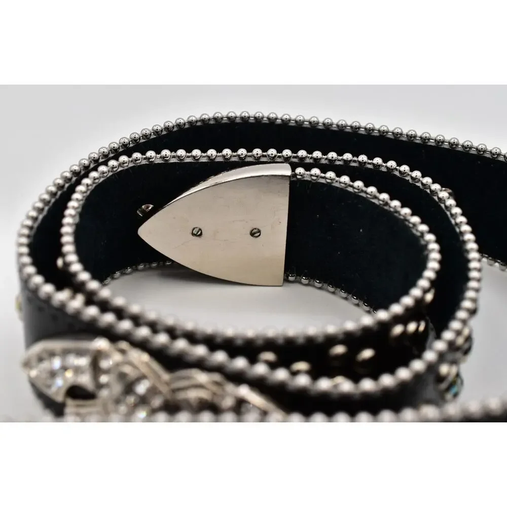 Black Genuine Leather Rhinestone Western Belt M/L Silver Studded Crystal Y2K